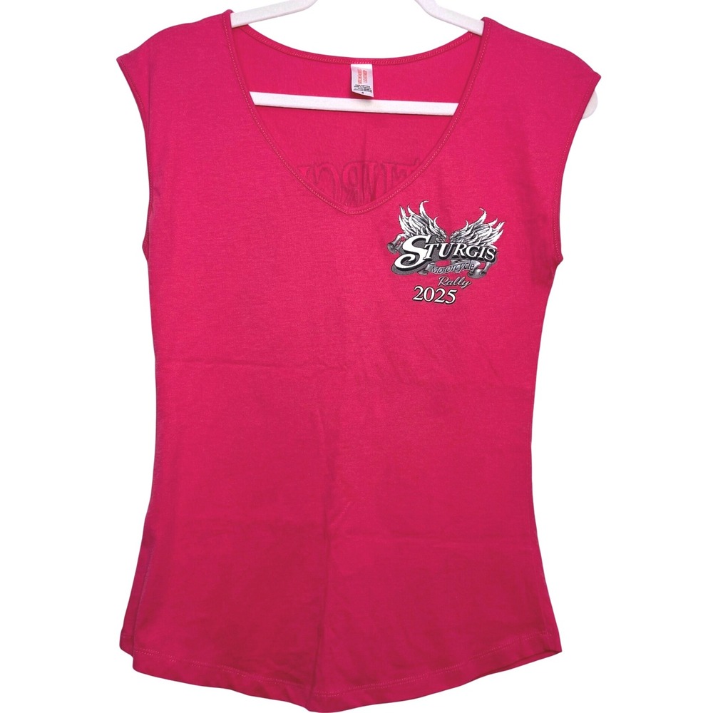 Women's Sturgis Motorcycle Rally 2025 Pink V Neck‎ Sleeveless T Shirt Size S